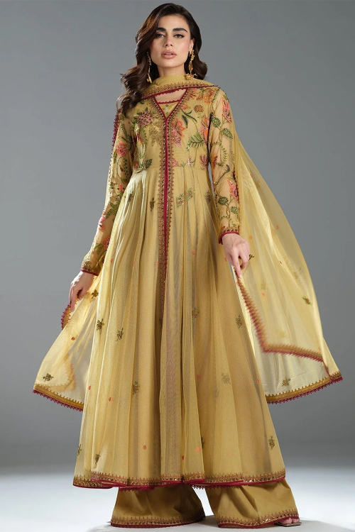 Trombone Yellow Organza Embroidered Anarkali Style Palazzo Suit 