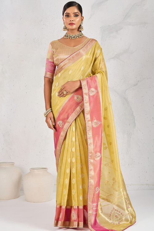 Trombone Yellow Organza Saree With Woven Zari Work For Festival