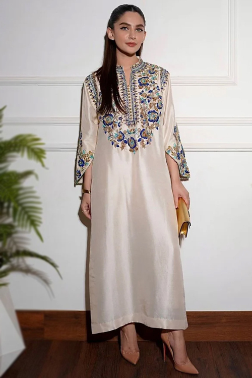 Off White Satin Silk Embroidered Straight Cut Trouser Suit