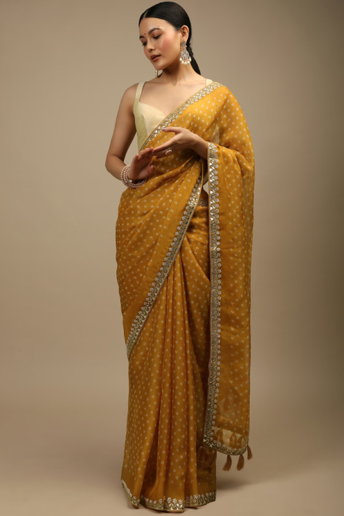 Turmeric Yellow Chinnon Bandhej Printed Saree 