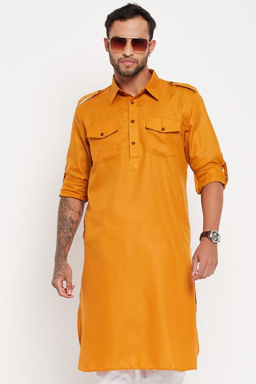 Turmeric Yellow Cotton Silk Men&#039;s Kurta Chuidar For Festival
