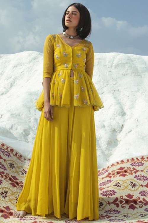 Turmeric Yellow Georgette Embroidered Palazzo Suit 