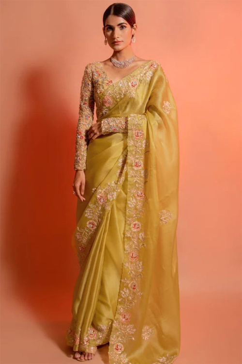 Turmeric Yellow Organza Embroidered Fancy Saree