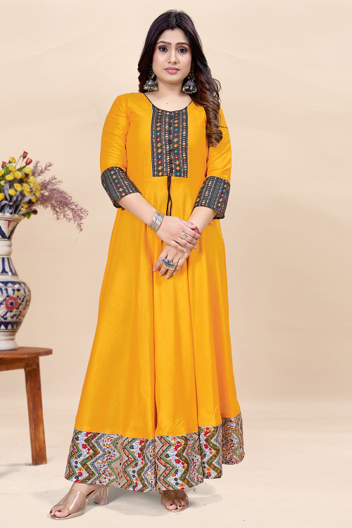 Turmeric Yellow Rayon Printed Anarkali Style Kurti 
