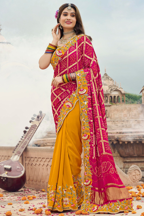 Turmeric Yellow Silk Blend Saree with Zari Work For Haldi