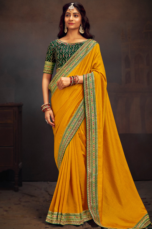 Turmeric Yellow Silk Zari Embroidered Wedding Wear Saree