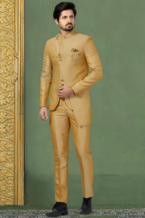 Turmeric Yellow Terry Rayon Weaved Thread Jodhpuri Style Men's Coat Pant