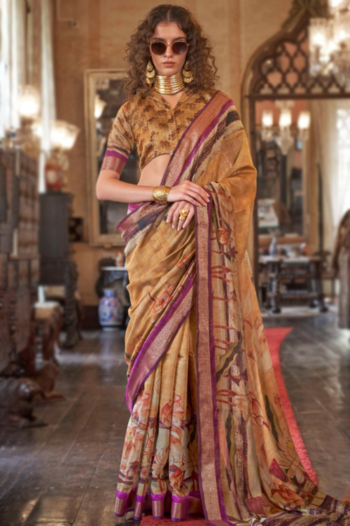 Turmeric Yellow Viscose Printed Light Weight Saree