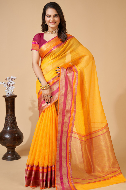 Turmeric Yellow Woven Zari Kota Doria Broad Border Saree 