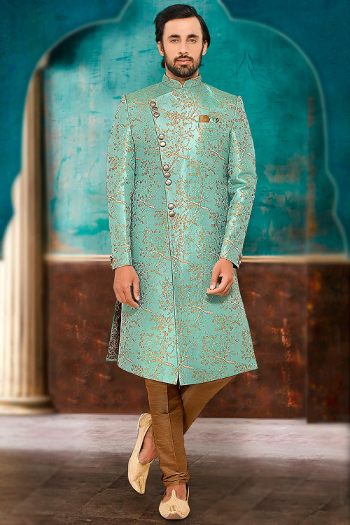 Turquoise Blue Brocade Embroidered Men Sherwani