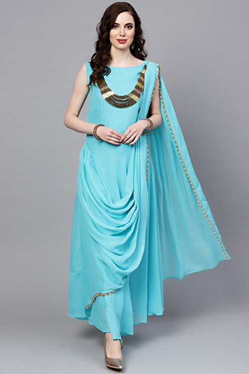 Turquoise Blue Silk Gown for Wedding & Party