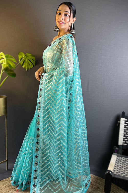 Turquoise Blue Net Embroidered Light Weight Saree