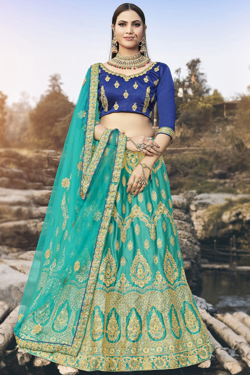  Turquoise Blue Satin Silk A Line Lehenga