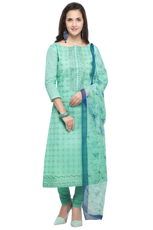 Turquoise Green Cotton Churidar Churidar Suit