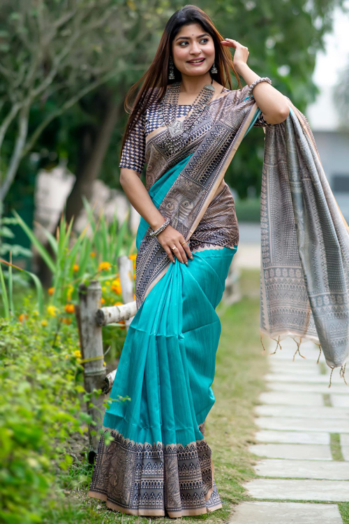 Turquoise Green Madhubani Printed Light Weight Silk Saree 