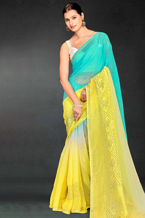 Turquoise Green Tissue Saree With Printed Work For Festival