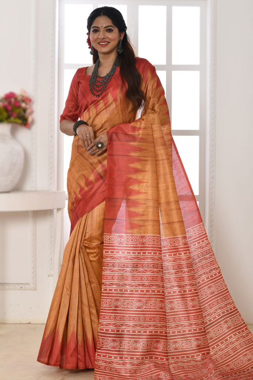 Tussar Silk Orange Printed Light Weight Saree