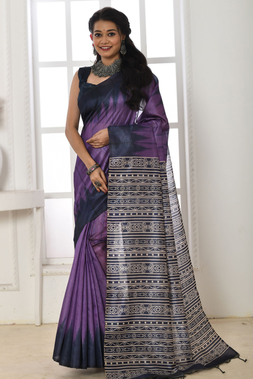 Tussar Silk Printed Purple Light Weight Saree