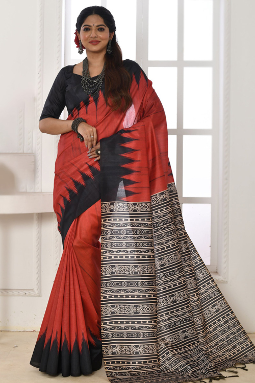 Tussar Silk Red Printed Light Weight Saree
