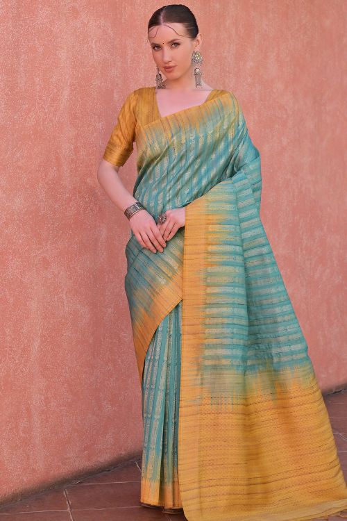 Tussar Silk Seafoam Green Broad Border Weaved Saree 