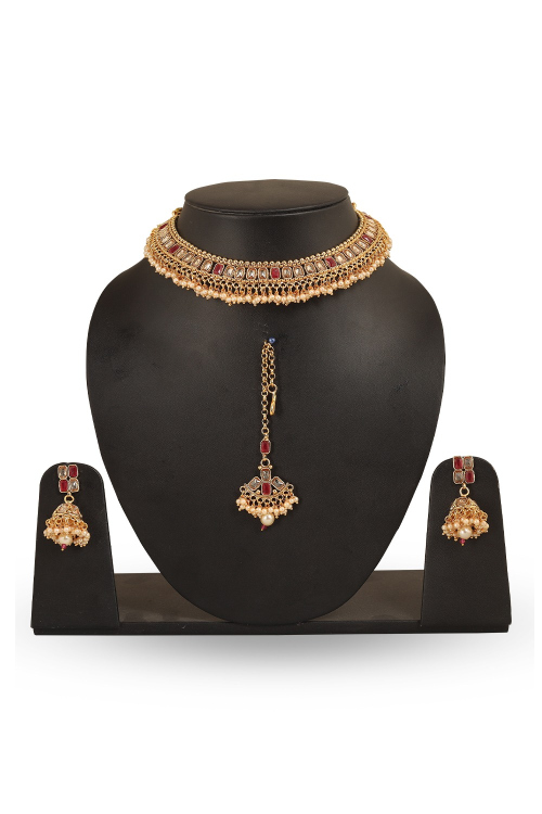Alloy Deep Red Stone Necklace And Earrings Jewellery Set