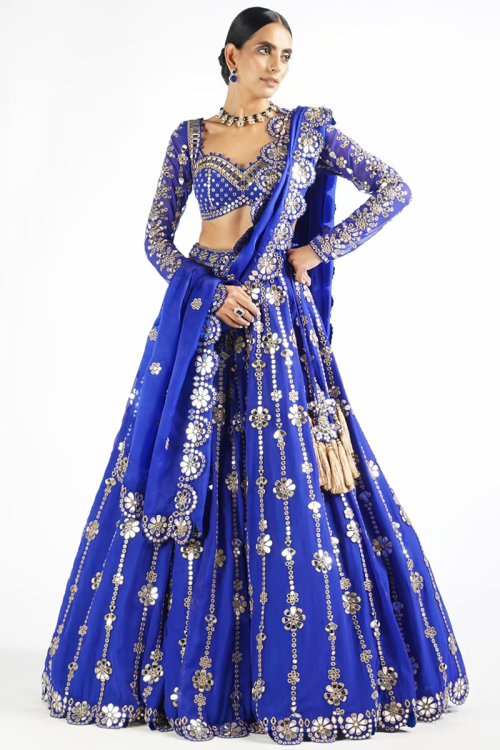 Royal Blue Georgette A Line Lehenga with Zari embroidery for Wedding & Party