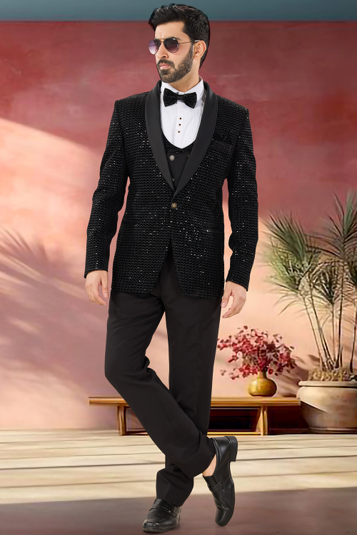 Velvet Black Blazer Suit with Resham Work – Wedding Ready