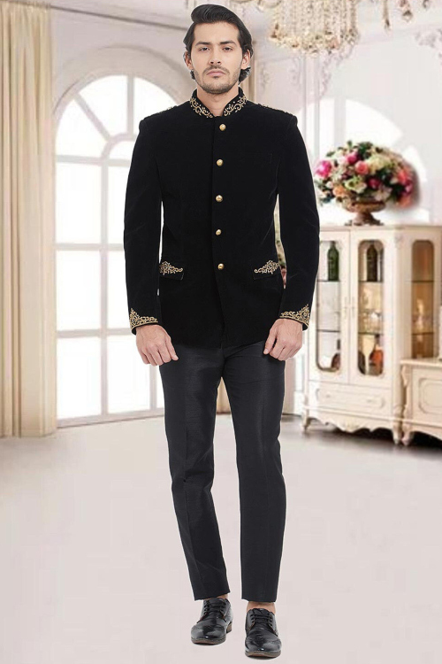 Velvet Black Embroidered Jodhpuri Style Men's Suit