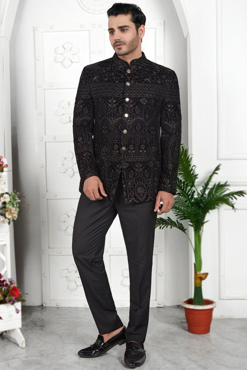 Velvet Black Embroidered Jodhpuri Men's Coat Pant