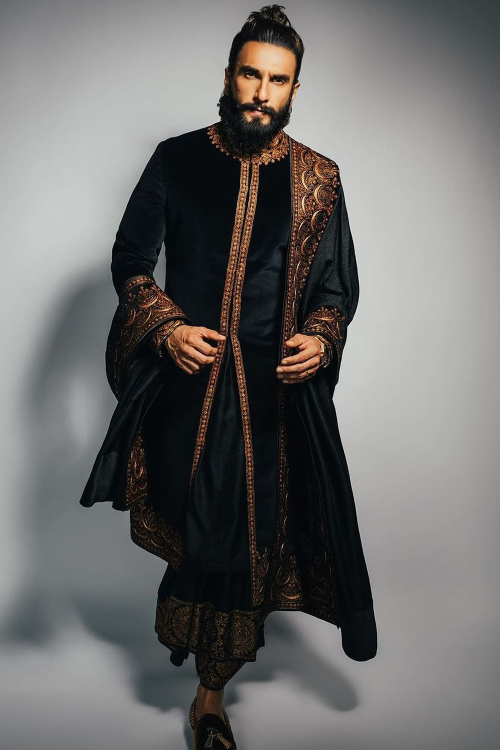 Velvet Black Embroidered Men's Dhoti Style Sherwani 