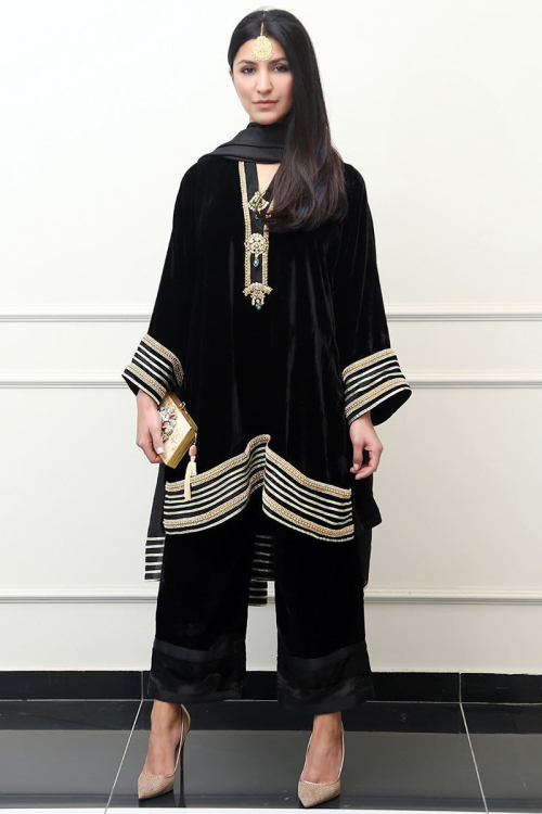 Velvet Black Pakistani Festive Wear Trouser Suit