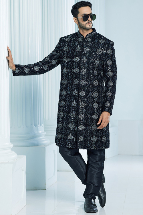 Velvet Black Resham Thread Embroidered Men's Sherwani 