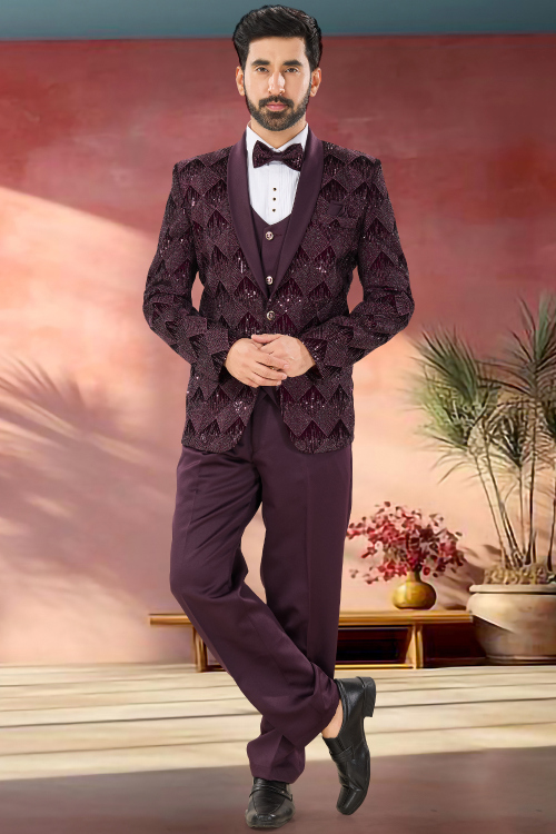 Velvet Burgundy Maroon Blazer Suit with Resham Work