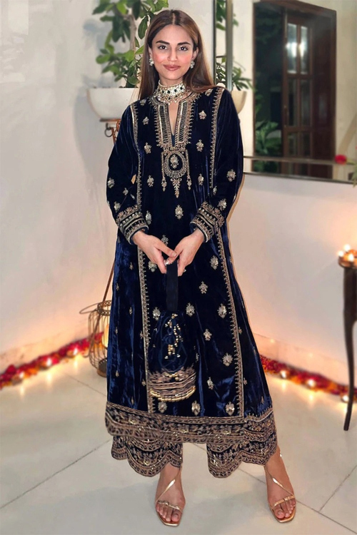 Velvet Dark Blue Zari Embroidered Straight Cut Trouser Suit for Wedding & Party