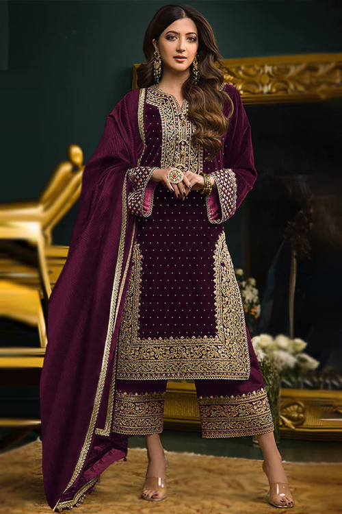 Velvet Dark Purple Embroidered Straight Cut Palazzo Suit