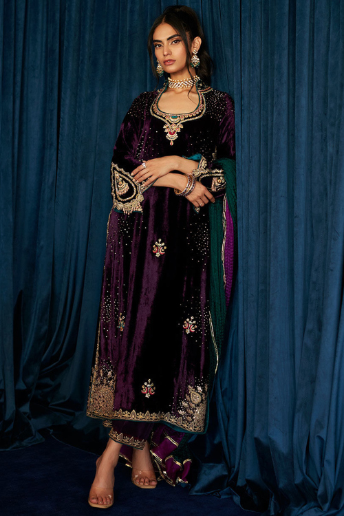 Velvet Dark Purple Sequins Embroidered Straight Cut Trouser Suit