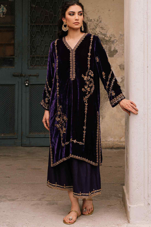 Velvet Dark Purple Zari Embroidered Straight Cut Trouser Suit 