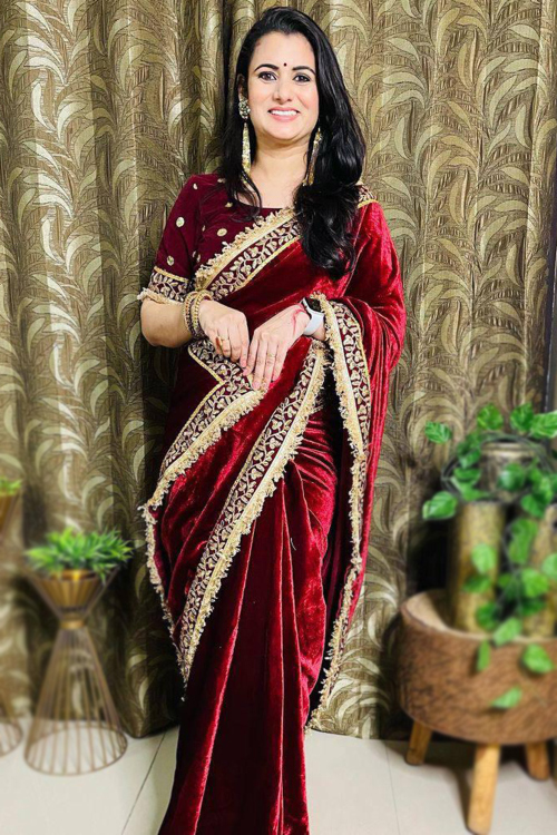 Velvet Deep Red Lace Embroidered Light Weight Saree 