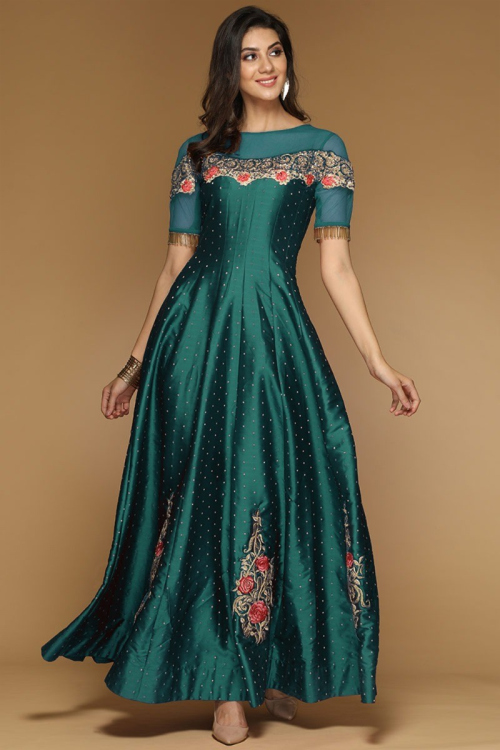 Teal Green Taffeta Silk Embroidered Anarkali Suit for Wedding & Party