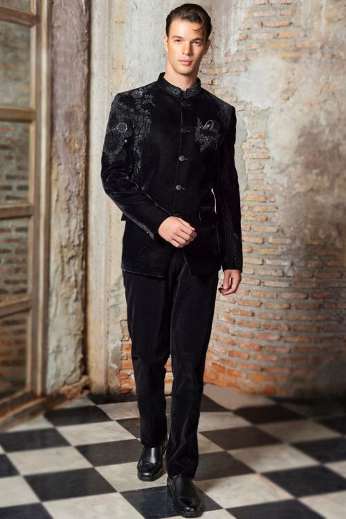 Velvet Embroidered Black Men's Jodhpuri Suit
