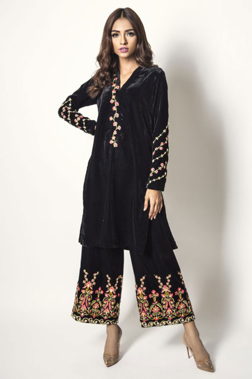Velvet Embroidered Palazzo Pant Suit In Black Colour