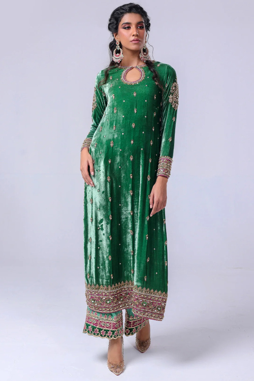 Velvet Green Embroidered Straight Cut Wedding Palazzo Suit