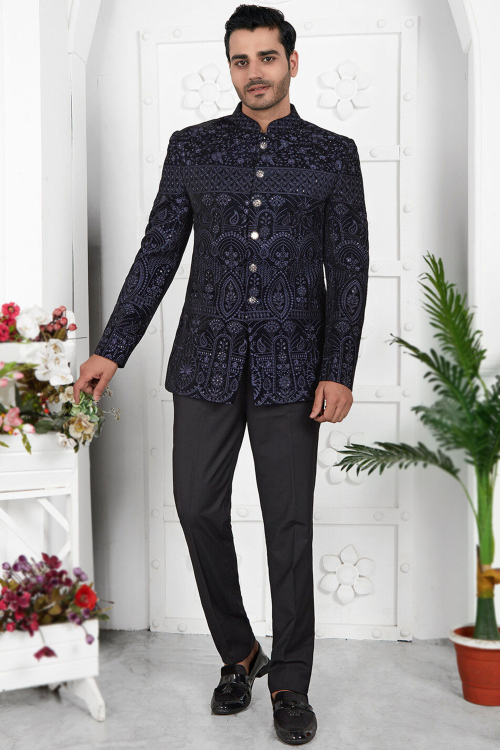 Velvet Navy Blue Embroidered Jodhpuri Style Coat Pant