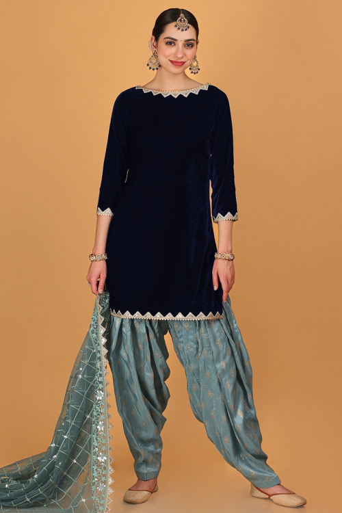 Velvet Navy Blue Lace Embroidered Designer Patiala Salwar Kameez