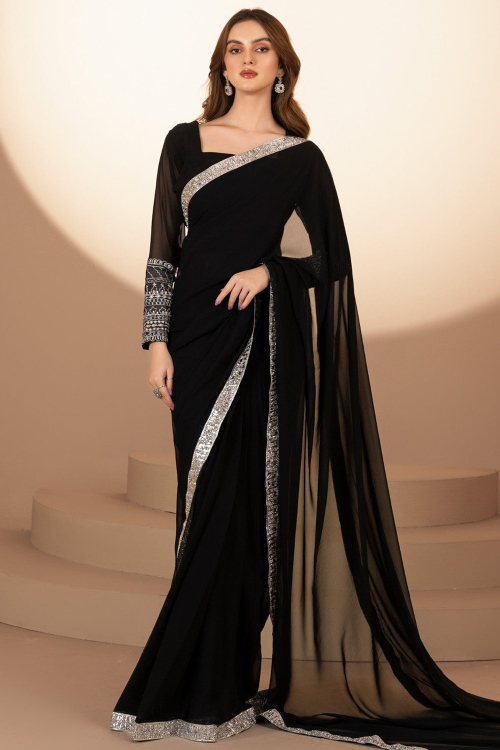 Velvet Navy Blue Saree with Sequins Work for Wedding Wear