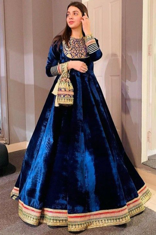 Velvet Navy Blue Zari Embroidered A- Line Gown 