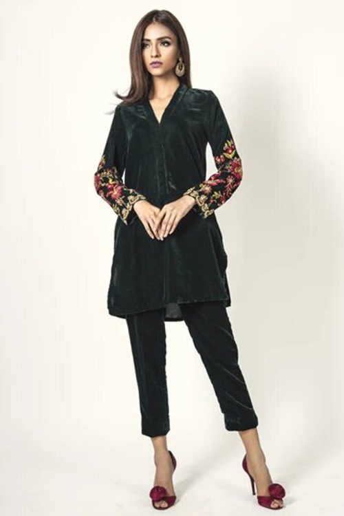 Velvet Straight Pant Suit In Dark Green Colour