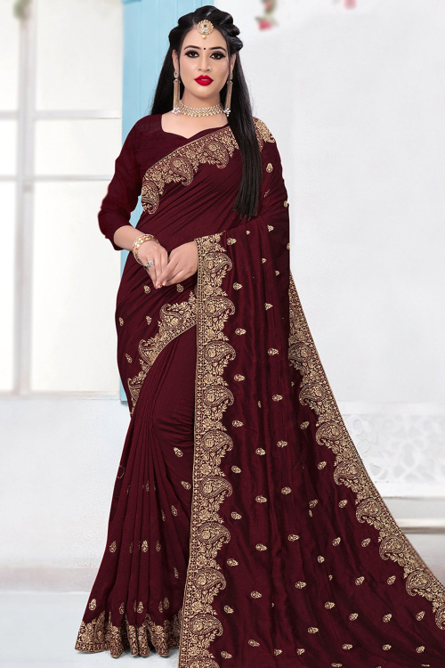 Vichitra Silk Dark Maroon Zari Embroidered Light Weight Saree 