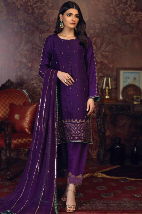 Violet Purple Silk Embroidered Pakistani Wedding Trouser Salwar Kameez