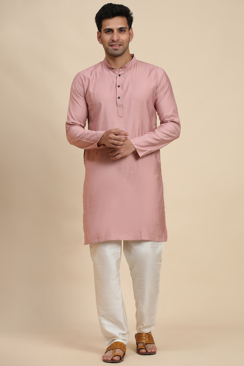 Viscose Dusty Pink Plain Straight Cut Men's Kurta Pajama for Wedding & Party